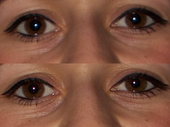 A diptych photo of close up of eyes shows the difference between using the apertures 2.8 and 4.0