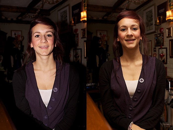 Diptych portrait of a female model comparing the use of a face on external flash