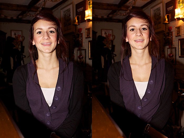 Diptych portrait of a female model comparing the use of an external flash at ISO 400 and ISO 800