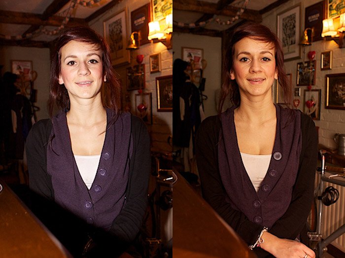 一个女模特的双联画像，比较了在1250和400时外部闪光灯的使用