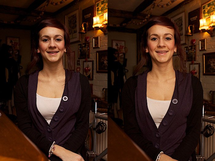 Diptych portrait of a female model comparing the use of an external flash