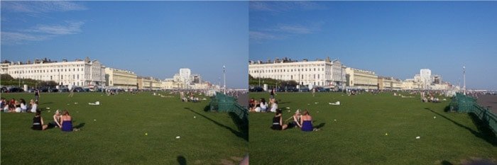 A diptych of the same photo of people sitting in a grassy park on a sunny day, before and after using a polarizing filter