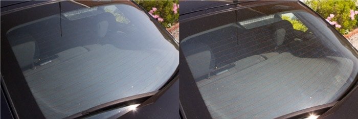 A diptych of the same photo of car window on a sunny day, before and after using a polarizer filter