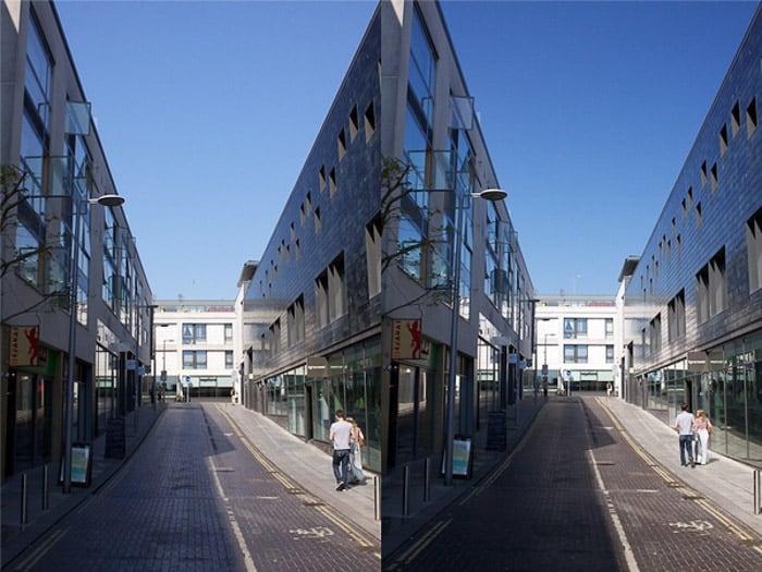 A diptych of the same photo of a cityscape on a sunny day, before and after using a polarizing filter