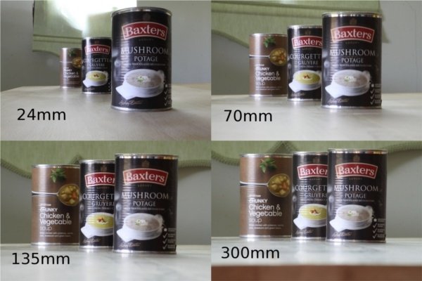 Perspective shown on 4 photos of canned food packages placed at a different distance to each other