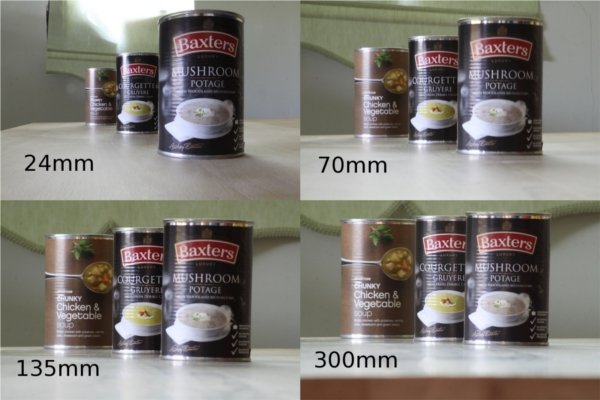 四张罐头食品包装照片的透视图，照片上的包装相距不同