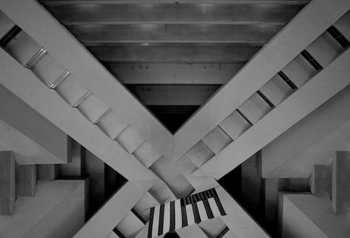 A monochrome image of the interior of a ceiling demonstarting the use of dynamic tension in photography