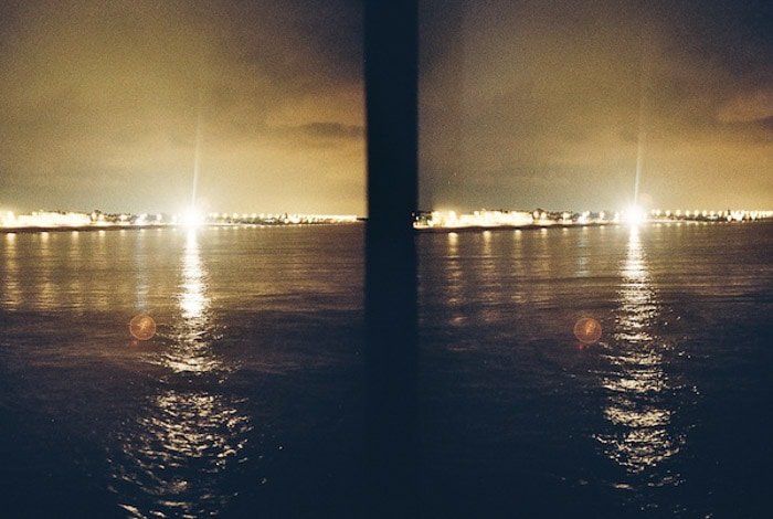 Film photography of a seascape at night