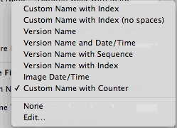 A screenshot of the 'Version Name' drop down menu within the Aperture Libraby