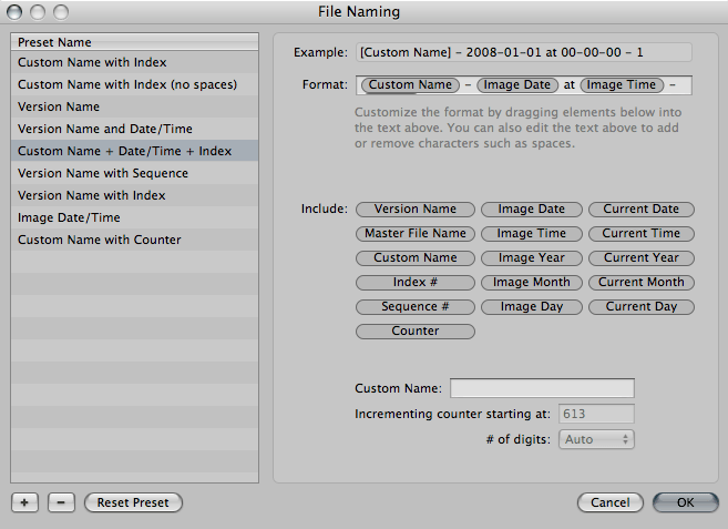 A screenshot of the File naming tab within the Aperture Library