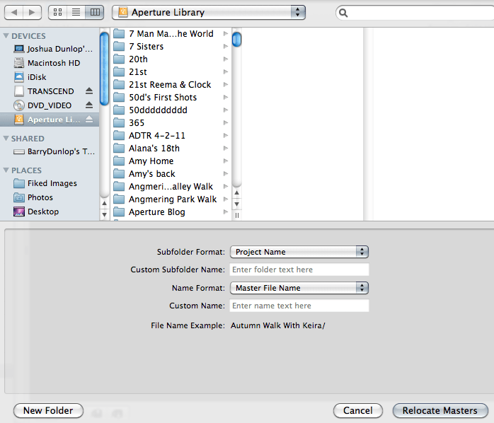 A screenshot of the organization setup of the Aperture Library with the specific folders in it