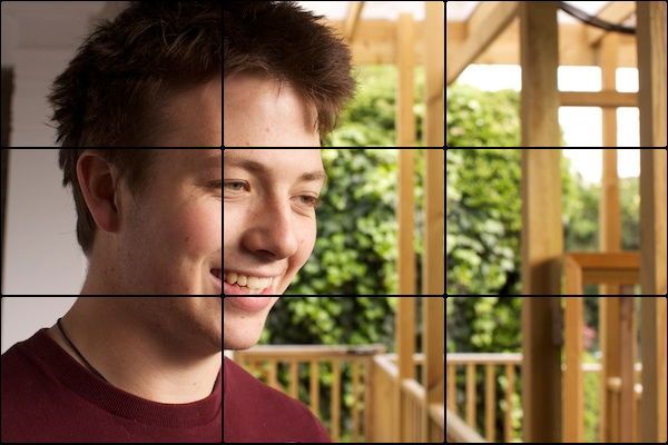 Using a composition grid to critique a photo of a man posing outdoors