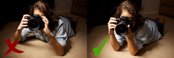 two positions of how to hold a camera while lying down