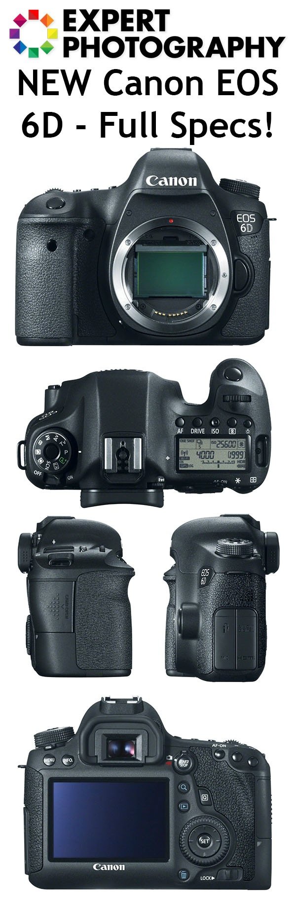 A collage of Canon EOS 6D camera shown from all directions