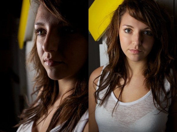 Two images of a girl, where the halves of her faces are lit - portrait photography