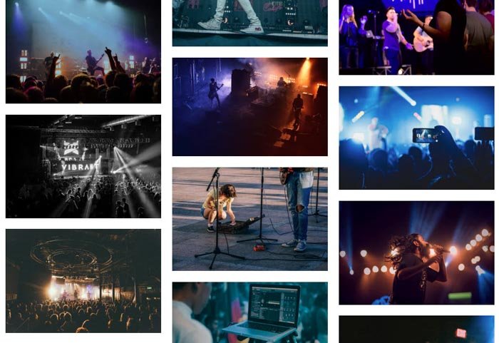 A grid of live concert photography shots