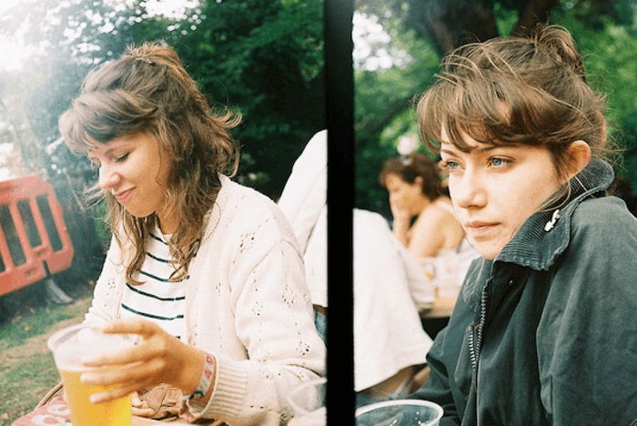 Diptych of a girl drinking beers outdoor taken with a film/vintage camera