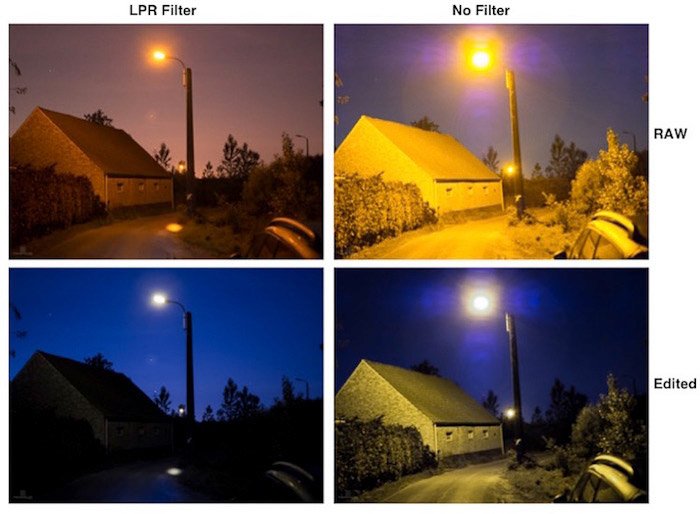 A four photo grid showing the effects of the LPR filter on Belgian streetlights at night