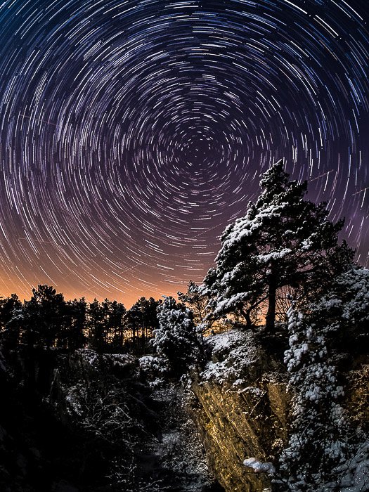 Pine tree in Fondry des Chiens (Belgium). Star trails are obtained by star photography settings of stacking 60 images, each 30 seconds long. 
