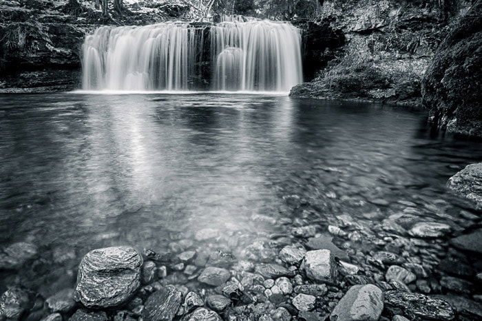 Silky motion blur in the water of Ferrera Waterfall, Italy