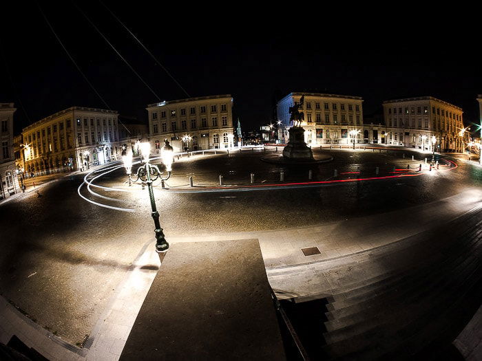 Colored light trails motion blur at Urban carousel in Place Royale (Brussels, Belgium).