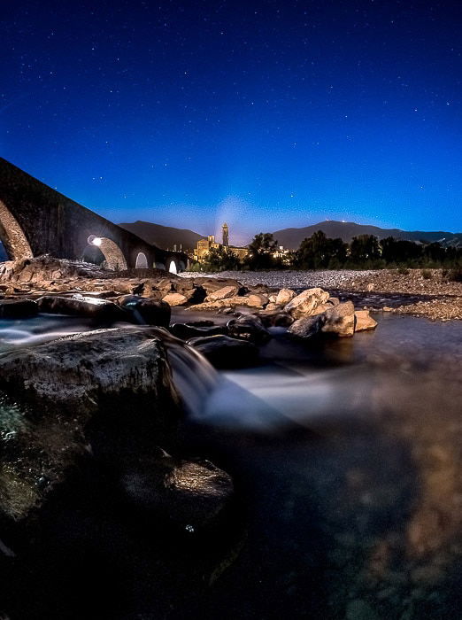 Silky motion blur in the Rapids under the Devil’s bridge in Bobbio, Italy