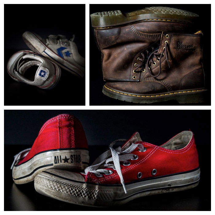 Three-photo grid showing still life photography of different shoe pairs against a black background