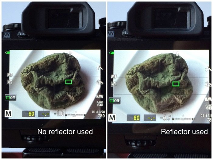 Two images of a rotten and moldy orange peel being compared on a camera's screen to show a reflector being used and not used