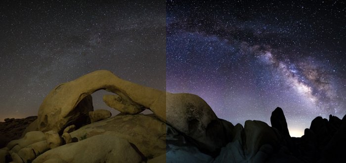 分割屏幕照片银河的景观之前和之后的编辑