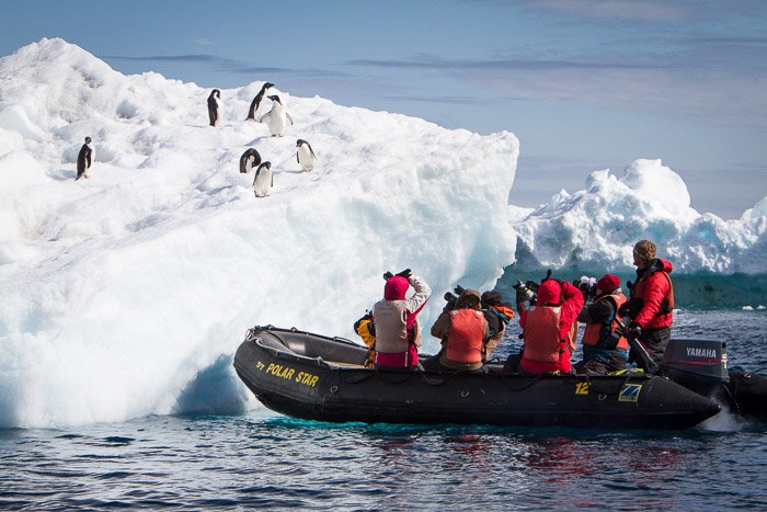 A group of people on a raft photographing penguins on an iceberg