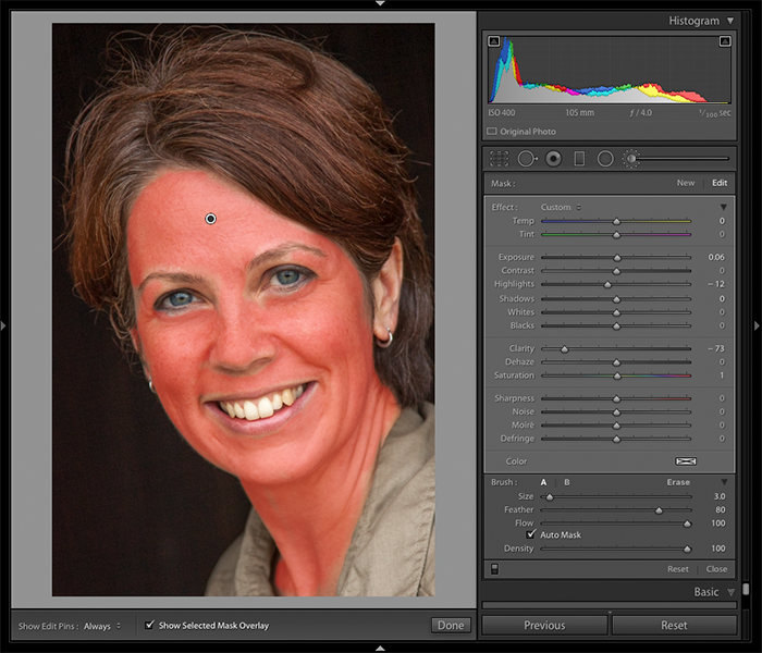 A screenshot of using mask overlay to edit portraits in Lightroom