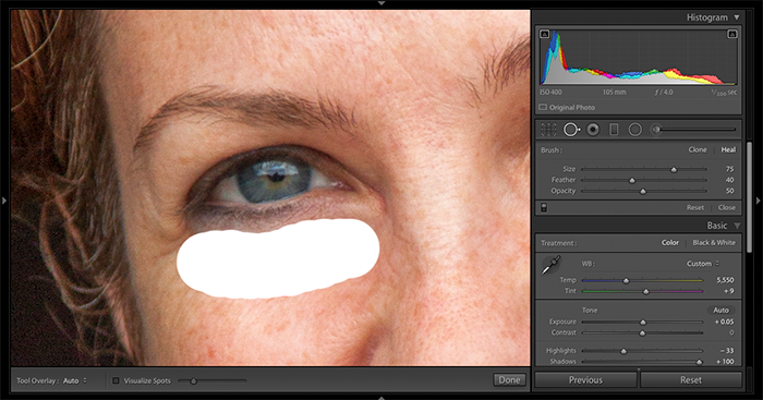 A screenshot of using Spot Removal Tool to retouch under-eye bags in Lightroom