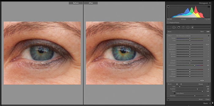 Screenshot of using Adjustment Brush Iris Enhance to edit a portrait in Lightroom