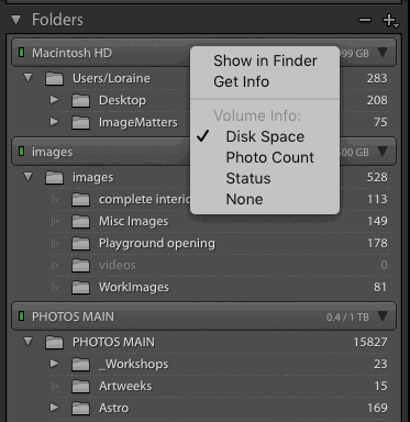 A screenshot of the Folders panel in the Library Module of Adobe Lightroom