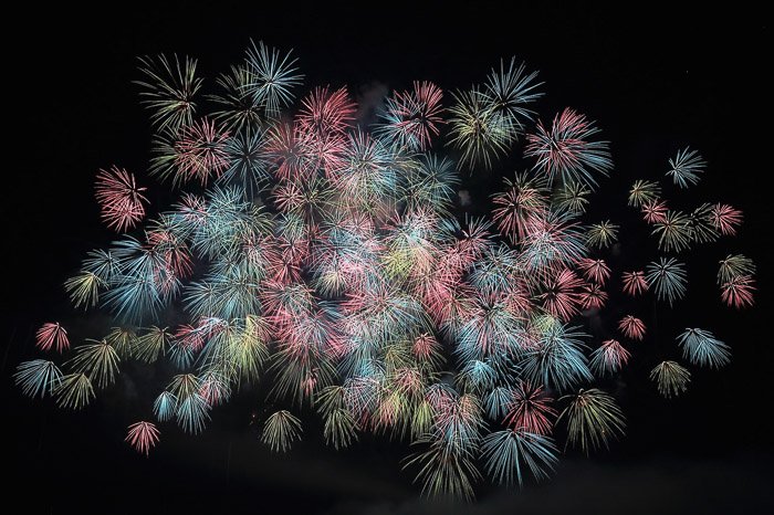 Cool fireworks photography shot of a small red, yellow, and blue willow fireworks cluster
