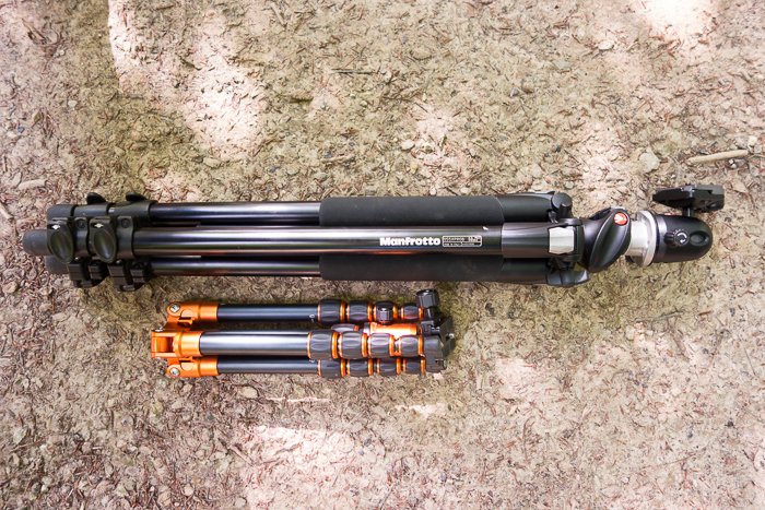 Tripods for Landscape Photography: Comparison of full-size and compact/travel tripod, folded