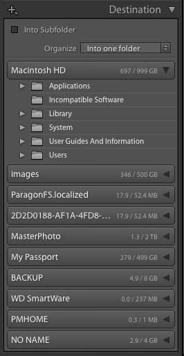 Importing photos into Lightroom: The Destination panel