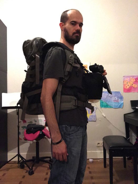 Landscape photography gear: The author carrying his landscape photography gear (packs, camera, and harnesses)
