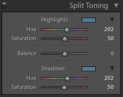Example of Lightroom's Split Toning panel and settings for editing monochrome photography