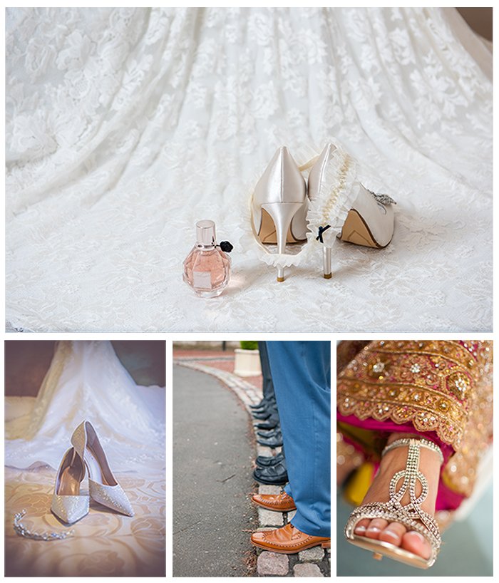 Photographing wedding details: Collage of wedding shoes shots