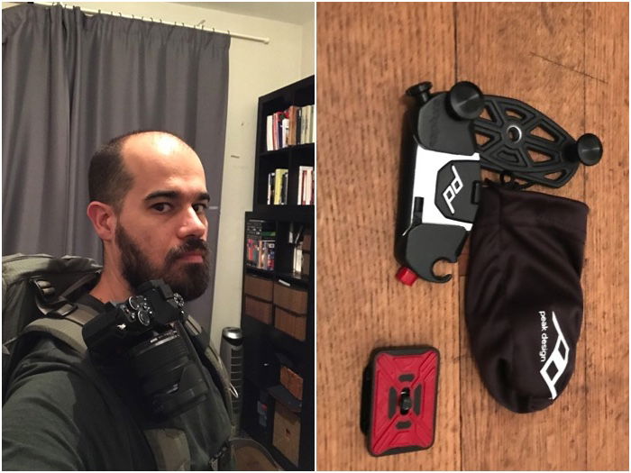Landscape photography gear: Author demonstrating shoulder strap camera holder