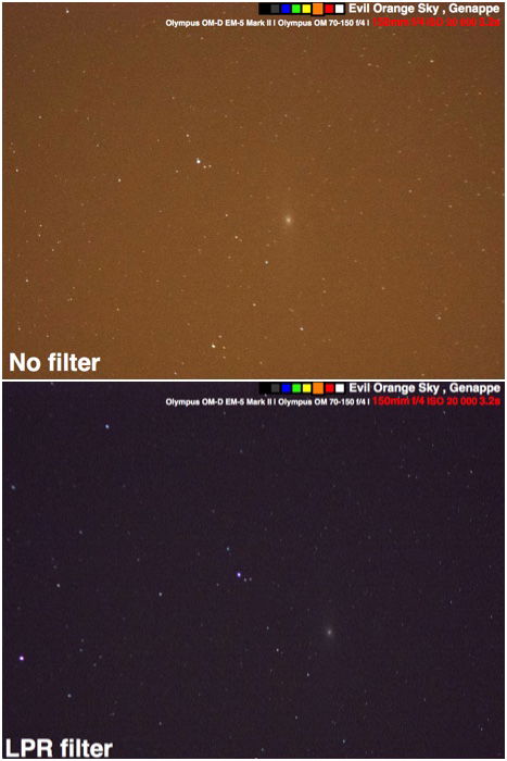 Filters for landscape photography: unedited Raw images of Andromeda galaxy shown with and without LPR filter.