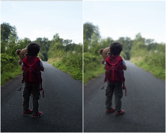 A diptych of a child holding a teddy bear on a road, the right photo blurred