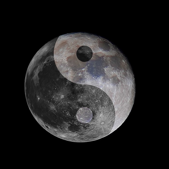 Double Exposure picture of the moon overlaying a yin and yang symbol
