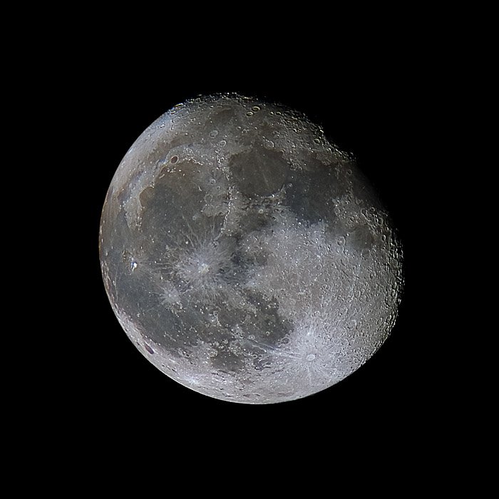 A shot of the moon showing high detail of the surface and high contrast near the terminator.