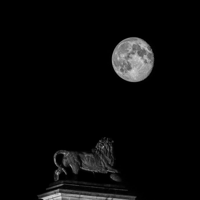 A powerful image of a full moon over a statue of a lion