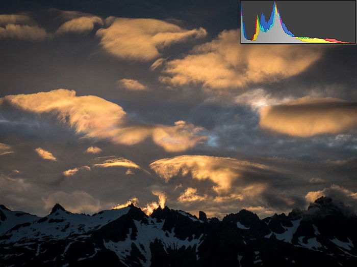 Dark alpine landscape demonstrating left-skewed histogram for under-exposed images