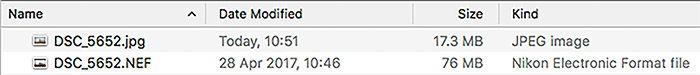 Screenshot of file size comparison - raw file format vs jpeg