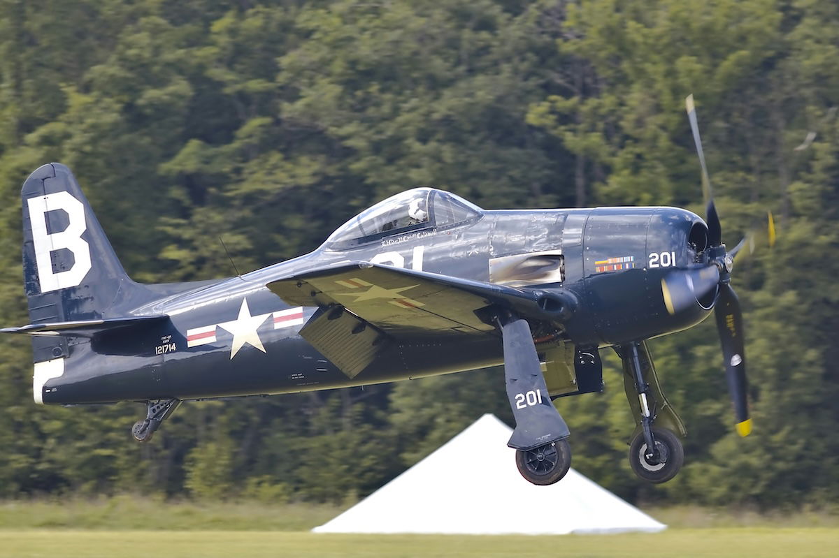 An F8F Bearcat plane landing as an example of aviation photography