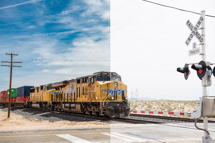 A photo of a train, split screened to highlight the difference between shooting raw vs jpeg